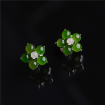 S925 silver plated platinum natural and fields Bite jade and field white jade 5 petals small flower ear nail spot