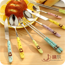 Cute bear bone porcelain Korean student creative stainless steel Japanese tableware knife fork spoon chopsticks portable three-piece set