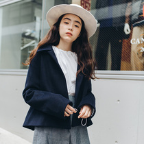 Q3 French retro short coat literary chic back pleated woolen jacket 1406