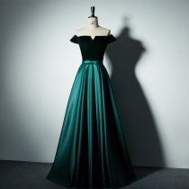 2021 new dark green word shoulder glitter satin chorus dress slim slim evening dress PARTY evening dress female