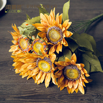 Retro pastoral sunflower simulation fake bouquet European oil painting color insertion silk flower indoor living room dining desktop ornaments high