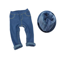 Male and female children fall winter imitation denim plus suede long pants baby hit bottom heft pants blue warm 100 lap casual pants