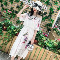 Super fairy lace dress womens summer 2018 new fashion word shoulder embroidery waist elegant temperament long dress over the knee