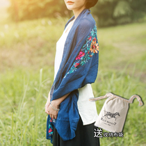  Autumn and winter new national style embroidered solid color cotton and linen scarf literary travel shawl embroidered flower sunscreen long silk scarf