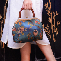 Handmade custom true silk scenary cloud yarn handbag lip gold retro printed hand carrying bag small cloth bag female national wind cheongsam
