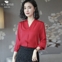 Heavy thick silk shirt womens long-sleeved new temperament fashion V-neck small shirt womens Hangzhou mulberry silk top