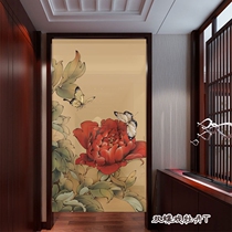 Painting original cotton and linen art door curtain Bathroom partition half curtain entrance Feng shui hanging curtain Butterfly peony decoration