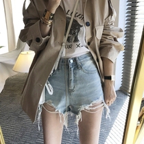 Perforated denim shorts womens summer thin section 2021 new high-waist Korean version of thin loose wide-leg a-line hot pants