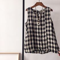 2022 Summer Literary plaid A version of loose big code conspicoy sleeveless flax cotton numb jacket outside wearing womens hoodie