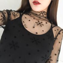 Black base shirt netting ultra-thin gauze mesh with sand T-shirt long sleeve sexy lace top women transparent