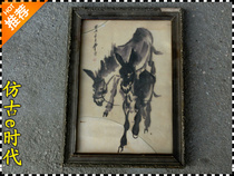 Antique old painting pure wood with frame Animal Donkey (3154)