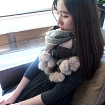 Clearance 5 fold womens warm hair ball scarf oversized shawl dual-purpose wool grid hanging ball thickened Korean version