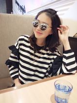 cp-94 Korea imported Dongdaemun early autumn black and white striped fungus lotus leaf sleeve round neck pullover T-shirt cp-94