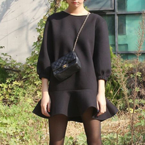 Autumn and winter relaxation A word large size fish tail skirt space cotton dress with lotus leaf edge 70% sleeves Thin Round Collar Fluffy Skirt