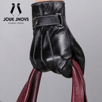 Imported sheepskin fashion mens boutique windproof buckle leather touch screen gloves plus velvet riding gloves