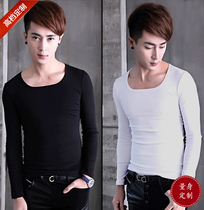 Spring t-shirt male long sleeve tight T-shirt plus suede body net version round collar pure cotton square collar black elastic undershirt tide