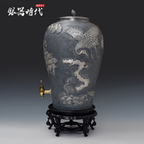  Silver age handmade with faucet water storage tank household foot silver old relief Songhe longevity sterling silver water tank