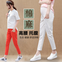 Pregnant womens pants spring and summer thin outside wearing pregnant pants summer cotton linen loose nine-point belly pants tide mother Black