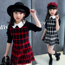 Childrens clothing 2021 Korean girls knitted dress Spring and autumn long-sleeved plaid princess skirt Childrens sweater skirt college style