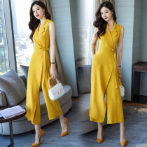 Wide leg jumpsuit womens summer 2021 new jumpsuit V-neck sleeveless high waist thin Western style drop sense jumpsuit