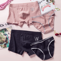 Pure cotton simple embroidery vertical stripe couple underwear women sexy low waist cotton fabric women triangle mens boxer pants