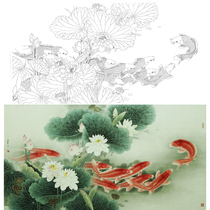 Gongbi Chinese painting white sketch background Lotus carp 66*125 road rain year physical white paper print draft with color map 063T