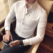 Mens long-sleeved shirts Fall Inron Trend Cross Embroidered Tide Mens Body White Shirt Business Casual Inch
