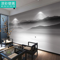 New Chinese artistic conception abstract black and white ink simple landscape wall cloth tea room study hall sofa background wall wallpaper