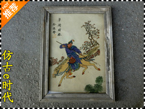 Antique old painting pure wood with frame single riding gambling (3164)