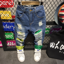 Baby pants men 1-3-5 years old boy baby hole trousers 6 Childrens jeans Korean version of boys foot pants spring and autumn