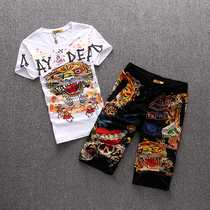 European and American Fan Fashion Summer New Pink Brand Mens Printed Tiger Head Scalding Round Collar Short Sleeve T-shirt 50% Trouser Suit