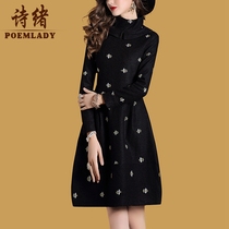 Shixu autumn long sleeve 2021 new high collar fashion thick woolen embroidered dress long thin 6890