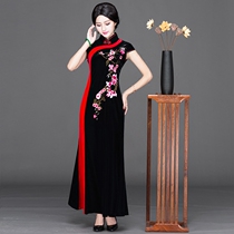 Chinese classic high-grade gold velvet Cheongsam dress long banquet ladies slim slim dress Cheongsam skirt