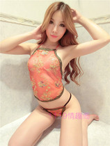 Lace-up lingerie bellyband mesh transparent sleepwear skirt embroidery seduction set red three-point womens new