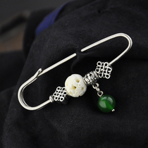 Retro National style beef bone beads Chinese knot green agate brooch pin sweater classical original handmade jewelry
