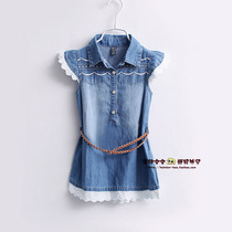 Foreign trade childrens clothing girls cotton embroidery lace flying sleeve denim dress Princess skirt Summer 2-7 years old