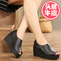 Slopes heel cool boots Women Summer 2022 new dermis Leather Thick Bottom Womens Shoes Black Hollowed-out Fish Mouth High Heel Roman Shoes