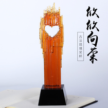 Thriving construction industry glass trophy custom red crystal trophy custom love charity party memorial