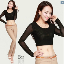 New Korean version of womens dress semi-body sexy Ruvel semi-cut web yarn lace undershirt long-sleeved female t-shirt long sleeve