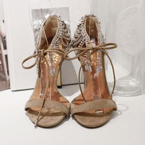 South Korea Handmade Custom Light Lavish Water Drill Woman Taste Lacing Side Empty Open-toe Fine Bag Heel Fine Ultra High Heel Sandal