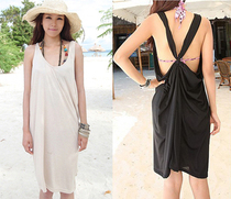 Bohemia black beige loose size solid color cotton wrap dress Beach Skirt