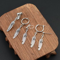 Korean temperament minimalist geometric earrings retro long tassel stud feather earrings earrings without ear clip female