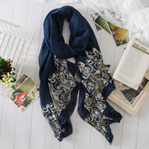  Spring and summer womens literature and art ethnic style shawl cotton and linen wild long sunscreen travel scarf dual-use embroidery linen pattern