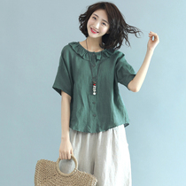 Spring and summer new retro literary lotus leaf collar linen coat womens cardigan short sleeve loose linen T-shirt summer New