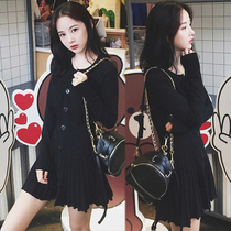 Hong Kong boomer 2021 spring autumn new long sleeves cashew with small black dress 100 pleats high waist A character knitted sweater dress