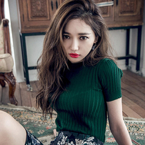 2021 Summer New Half High Neck Slim Short Sleeve Ice Silk Knitted Shirt Women's Thin Turtleneck T-Shirt Backing Shirt Top