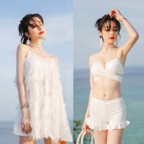 White blouse bikini three-piece swimsuit women Korean Super fairy sexy steel support small chest gather boxer pants
