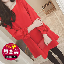 Pregnant Woman Spring Clothing Dress dress net Red spring autumn new Fashion style cuffs Butterfly knot with long red A character dress yfz
