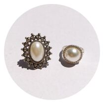 Real shot vintage retro exaggerated ring silver metal big Pearl love splicing Rhinestone ring