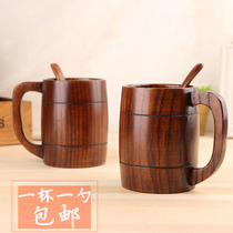 Japanese-Korean wooden one Piece wine wine cup beer cup handle wooden cup retro water Cup German beer glass